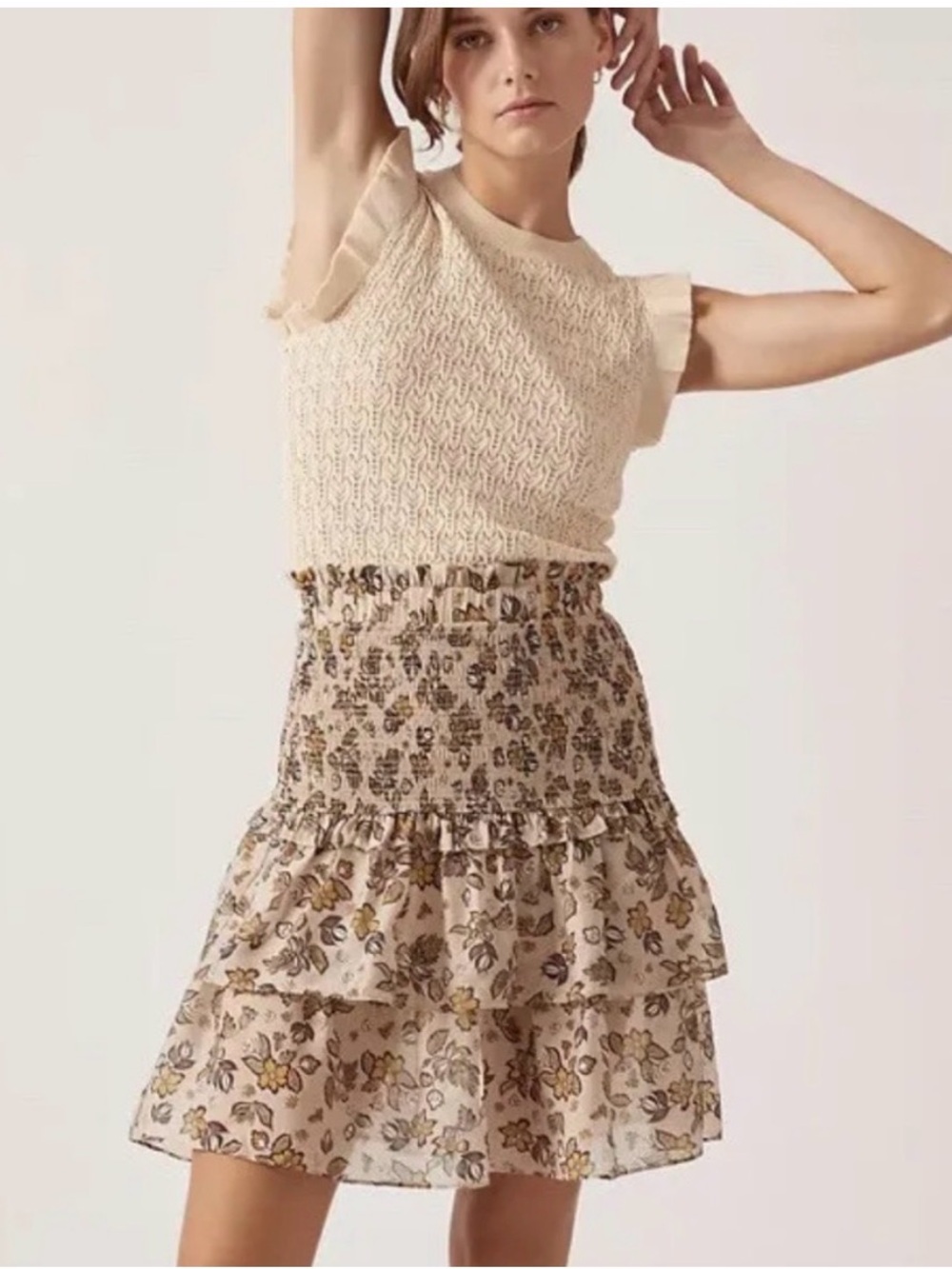 Anthropologie Current Air Cream Floral Tiered Mini Skirt with Smocked Waist